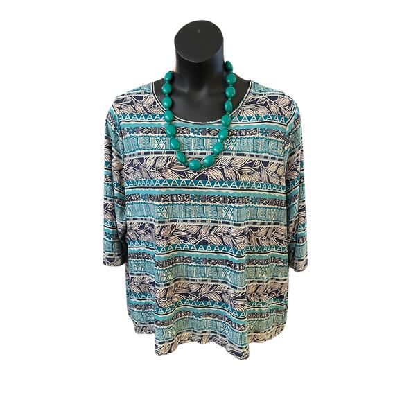 Maggie Barnes Turquoise & Gold Foil Aztec Print Top | Size 2X - Picture 3 of 4